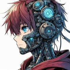 an anime character with red hair and blue eyes, wearing futuristic gargon gear