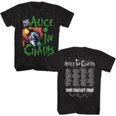 This Alice in Chains concert t-shirt is from the grunge band's 1991 Facelift Tour. Spotlighting the Alice in Chains logo and distorted face image, from the front cover of the Facelift album on the front, our men's unisex black Alice in Chains concert tee lists all of the cities where the Facelift Tour was performed, framed by the Alice in Chains logo and 1991 Facelift Tour, on the back. #aliceinchains #laynestaley #mensfashion #bandtees #rockerrags Chiodos Band, Alice In Chains Facelift, Alice In Chains Shirt, Chain Shirt, Alice In Chains, Boxing T Shirts, Band Shirt