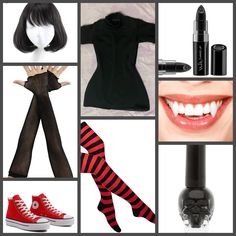 a collage of different items including lipstick, socks and shoes with stockings on them