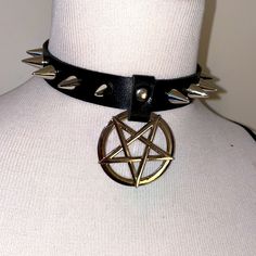 Boutique Vegan Leather Punk/Goth Choker - Nwt Silver Hardware Pentagram And Spikes Decor At Throat Adjustable Buckle Osfa Spiked Choker Aesthetic, Pentagram Choker, Spiked Choker, Character Challenge, Gothic Stuff, Emo Accessories, Goth Choker, Jewelry Boutique, Round Necklace