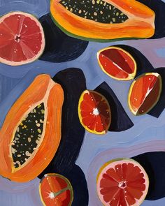 an acrylic painting of grapefruits and oranges on a blue background