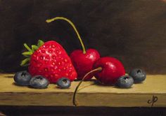 a painting of strawberries and blueberries on a table