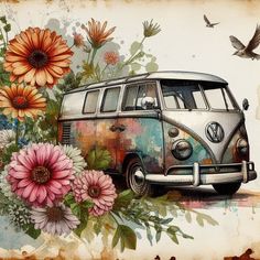 an old vw bus with flowers and birds around it