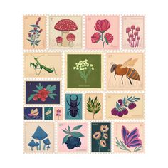 postage stamps with flowers, bugs and insects on them are arranged in the shape of squares