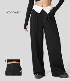 Women’s Halara Flex™ Super High Waisted Foldover Plicated Side Pocket Wide Leg Work Pants - Halara Wide Leg Work Pants, High Waisted Pants Work, Work Suits, Leg Work, Work Trousers, How To Hem Pants, Bleach Wash, Suit Pants, Bottom Clothes