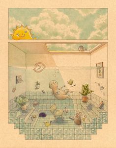 a drawing of a person in a bathtub surrounded by plants and other things on the floor