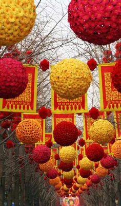 chinese lanterns hanging from trees in the park stock photo - image 349782