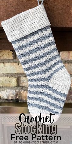 a crochet stocking hanging from a fireplace with text overlay that reads, crochet stocking free pattern