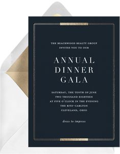 an elegant black and gold wedding card with the words, annual dinner gala on it