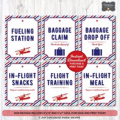 six luggage tags with the words baggage claim and in - flight training on them,