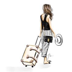 a drawing of a woman walking with her suitcase and handbag behind her back to the camera