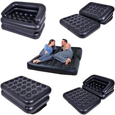 three inflatable mattresses with two people sitting on them and one laying down