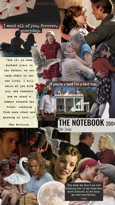 the notebook movie poster with many different pictures and words on it's side, including an image of two people hugging each other