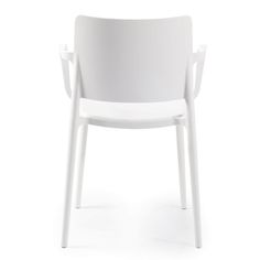 a white plastic chair with arms and legs, viewed from the front on a white background