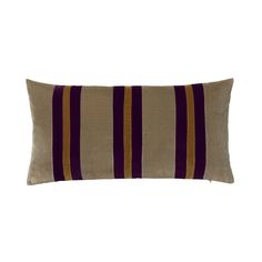 a rectangular pillow with purple and gold stripes on the front, sitting on a white background