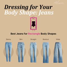 Rectangle (Athletic) Shapes: Choose jeans that create curves and define your waist, such as mid-rise or low-rise flared jeans. Embellishments or pockets can also add shape. Best Jeans For Rectangle Body Shape, Rectangle Body Shape Wide Leg Jeans, Jeans For Rectangle Body Shape, Rectangle Body Shape Outfits Casual, Jeans Rectangle Body Shape, Rectangle Body Shape Jeans, Rectangle Body Jeans, Celebrity Rectangle Body Shape, Body Shape Guide Rectangle