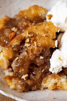 a close up of a plate of food with ice cream