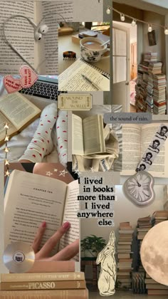 collage of books and other items with words written on them, including an open book