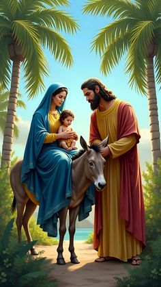 a painting of jesus and mary riding on a donkey with palm trees in the background