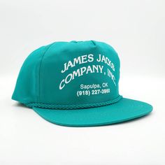 Vintage James Jacks Co Snapback Trucker Hat Color: Teal Green Size: One Size Fits All - Unworn - Vintage 90s - Snapback - Printed Logo - Adjustable - Cotton Canvas - Advertising, Industrial - Made In Bangladesh Condition: Unworn. Sku: Ac-934 Retro 5-panel Baseball Cap For Spring, Retro Spring 5-panel Baseball Cap, Vintage Green Trucker Hat For Summer, Vintage 5-panel Baseball Cap For Summer, Vintage Green Snapback Hat With Flat Brim, Vintage Snapback Cap For Spring, Vintage Snapback Hat For Spring, Vintage Snapback Hat For Spring Streetwear, Vintage Green Flat Brim Snapback Hat