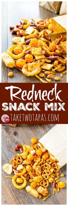 Redneck Snack Mix - All your favorite snacks all mixed into one Redneck Snack Mix with BBQ Seasoning | Take Two Tapas | #tailgate #GameDayFood #SnackMix #PartyMix All Pins, Bbq Seasoning, Party Mix, Chex Mix, Snack Mix, Savory Snacks, Take Two