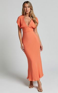 Desiree Maxi Dress - V Neck Flutter Short Sleeve Slip Dress in Orange Flowy Orange Midi Dress For Beach, Peach Short Sleeve Midi Dress For Summer, Flirty Short Sleeve Midi Dress For The Beach, Flirty Short Sleeve Midi Dress For Beach, Summer Flirty Orange Dress, Flirty Orange Evening Dress, Flirty Orange Summer Dress, Chic Orange Maxi Dress For Brunch, Chic Orange Summer Dress