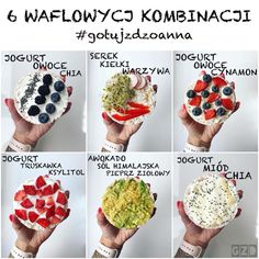 six different types of food being held in their hands with the words 6 waflowyc komenaci