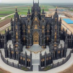 an aerial view of a gothic - style building with gold accents and elaborately designed stairs