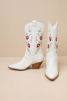 The adorable essence of the Billini Allison White Embroidered Mid-Calf Western Boots will have everyone appreciating your sweet sense of style! Smooth faux leather shapes these too-cute boots with a pointed-toe upper, a seamed vamp, and a 9.5"" mid-calf shaft with a 14"" circumference. Scalloped detailing and delicate floral embroidery accent throughout, while pull tabs at the instep and outstep of the curved topline allow for easy on-and-off. Stacked wood-look block heel. Available in whole siz White Floral Boots, Spring Embroidered White Boots, Spring White Embroidered Boots, White Snip Toe Boots For Spring, White Embroidered Pointed Toe Boots, White Embroidered Boots For Fall, Spring Floral Embroidered Closed Toe Boots, Spring Floral Embroidery Closed Toe Boots, White Embroidered Snip Toe Boots