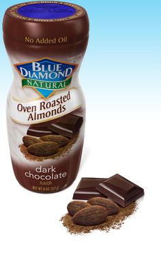 a bottle of blue diamond natural oven roasted almonds next to some chocolate