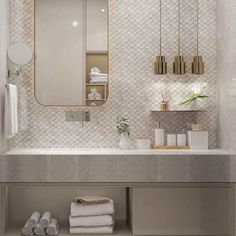 a bathroom with a sink, mirror and towels on the shelf in front of it