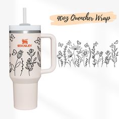 an image of a travel mug with flowers on it and the words stanley written in orange