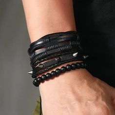 4pc Black Spike Cuff Bracelet Beads Wrist Rock Edgy Pu Leather Goth Grunge Punk Brand New In Original Package No Tags Attached Punk Goth Style Spike Wrist Cuff Bracelet Tie Closure Silver Tone Metal Faux Leather Color: Black ***Check Out My Other Great Items*** Bundle & Save $$$ On Shipping (T3z104) Tags Home, Country ,Collectable, Vintage, Figurine ,Office, Boho, Hippie, Stylish, Gift, Fashion, Surfer, Vacation, Beach, Unisex, Vegan, Minimalist, Western, Southwest, Native, Mid Century, Retro, C Black Rock Wristband For Party, Rock Style Black Wristband For Parties, Mens Bracelet Stack, Black Rock Style Bracelets For Party, Edgy Silver Bracelets With Black Band, Edgy Silver Bracelet With Black Band, Black Leather Rock Bracelet For Party, Black Rock Style Wristband As Gift, Black Rock Style Leather Bracelet For Party