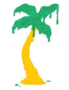 a palm tree with green and yellow paint dripping from it's branches on a white background