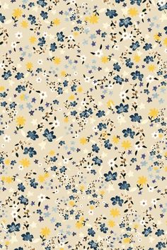 a floral pattern with blue, yellow and white flowers on a beige background for wallpaper