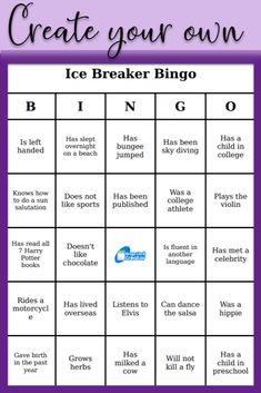 an ice breaker bingo game with the words, create your own and it's purple background