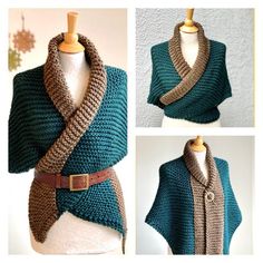 three pictures of a woman's shawl on a mannequin torso, one with a belt and the other without