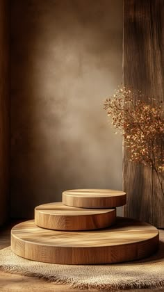 three wooden steps in front of a vase with dried flowers