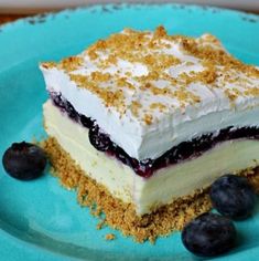 a piece of cake on a plate with blueberries