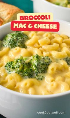 broccoli mac and cheese in a white bowl