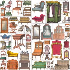 an image of various furniture and chairs in color on white paper with black border around the edges