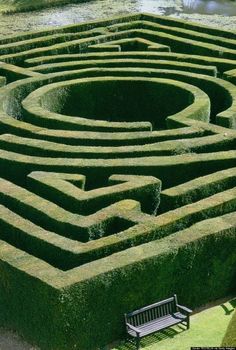 a bench sitting in the middle of a maze that says if you can't get out, get back in