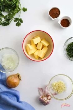 the ingredients to make this dish include onions, cheese and parsley in small bowls