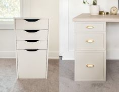 two white drawers with gold handles next to each other