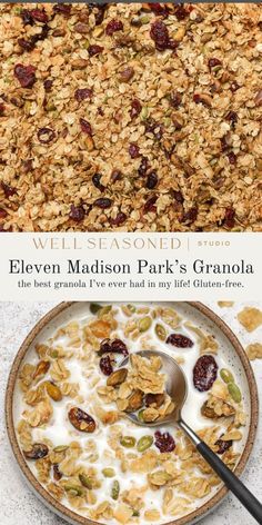 a bowl of granola next to an image of a plate with oatmeal and raisins