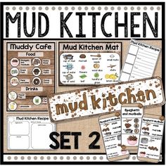 mud kitchen set 2 with the words mud kitchen written in white and brown on it