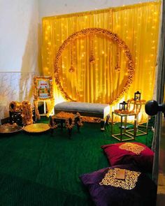 the room is decorated with lights and decorations