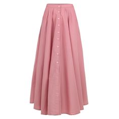 Arum button-down maxi skirt was designed in Bali where the most beautiful tropical flowers bloom. The result is as feminine as ever. Arum skirt is something that is equally elegant and fun - featuring ultra-wide maxi skirt and romantic silhouette with button-down details. Made of a very soft cotton fabric, this skirt has a light and flowy elegance to its character.  ARUM skirt features a pleat detailing, wide A-line silhouette, slip pockets to the sides, and smocked elastic band on the waist for comfortable fitting. Finish off the look with ARUM Flared Bamboo Top with matching blush color.  Composition: 100% Cotton Machine wash in a slow & gentle cycle Machine dry in low temperature Iron in medium temperature Spring Buttoned Maxi Skirt, Buttoned Maxi Skirt For Spring, Spring Maxi Skirt With Buttons, Spring Maxi Skirt With Button Closure, Elegant Buttoned Flared Maxi Skirt, Spring Midi Maxi Skirt With Button Closure, Elegant Flared Maxi Skirt With Buttons, Spring Maxi Skirt With Button Closure In Relaxed Fit, Feminine Full Maxi Skirt