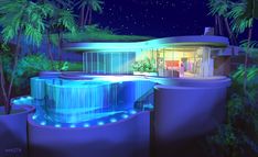 an artistic rendering of a futuristic house at night