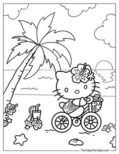 hello kitty riding a bike on the beach with palm tree and starfish in the background